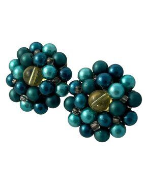 Vintage Blue Beaded Cluster Clip On Earrings Japan Gold Tone Retro Glam